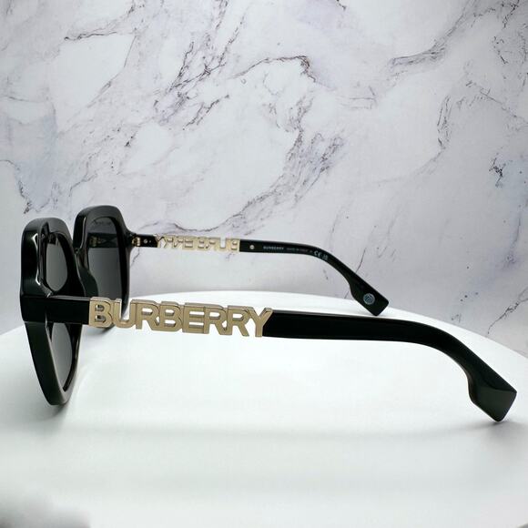 New Burberry Sunglasses Black Square Gold Metal Cut Out BURBERRY Logo Womens - Picture 9 of 16